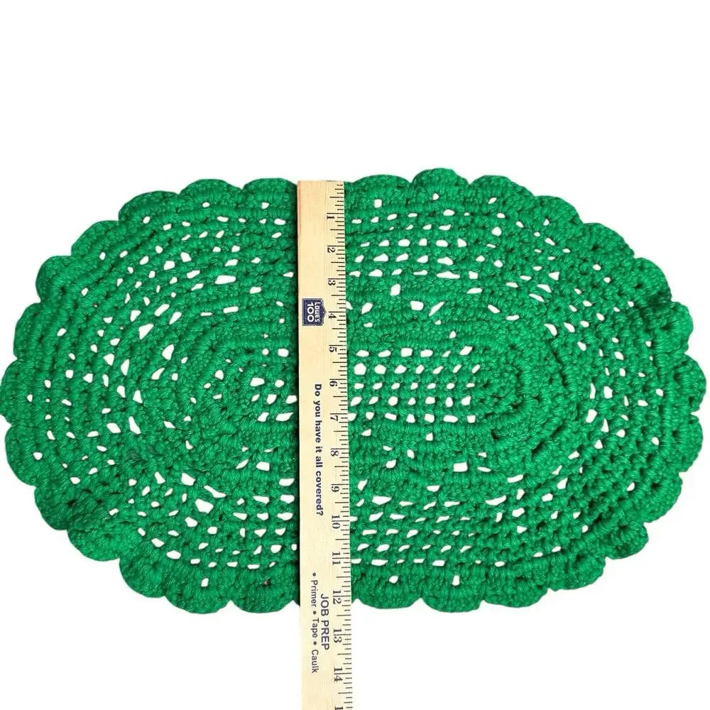 Vintage Hand Made Crocheted Placemats Green Christmas Oval Lot of 2 Holiday